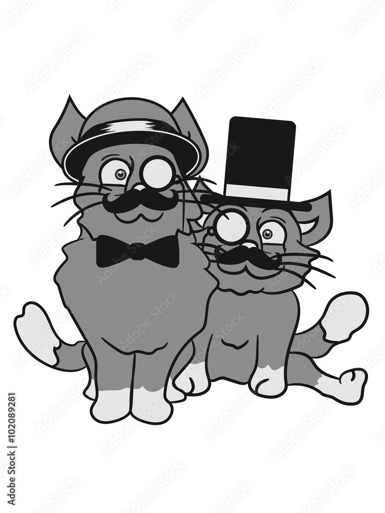2 brothers buddies few team sir men mustache monocle glasses cylinder beard hat gentlemen seated sweet cute cats