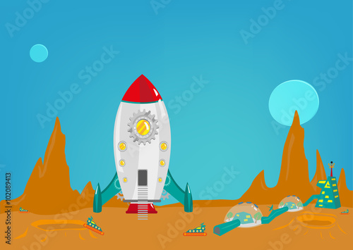 Mission to another planet like mars with a small colony of men from earth. Editable Clip art.
