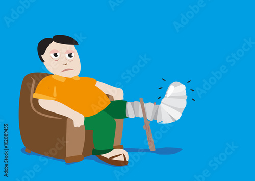 Man with Fractured Leg in a Plastic Cast. Editable Clip Art.
