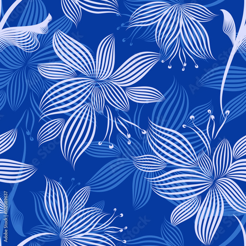 Blue Ornamental Flowers Seamless Pattern