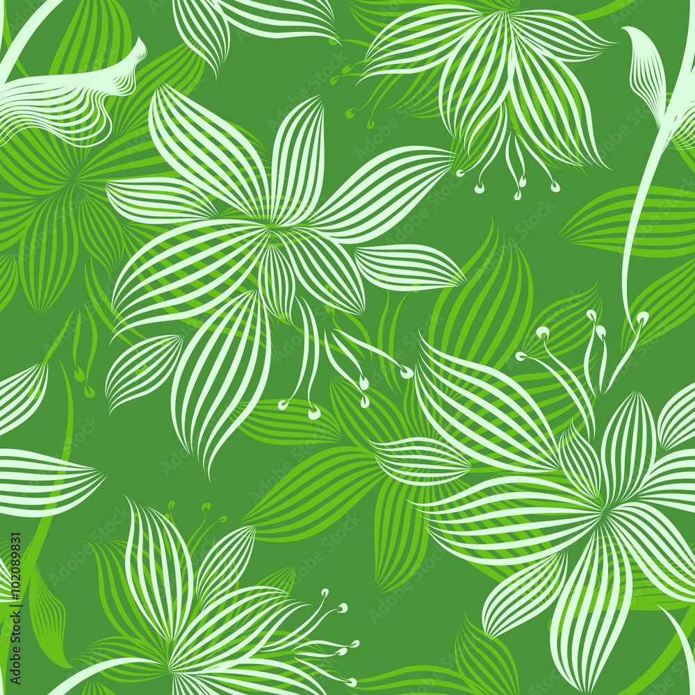 Green Ornamental Flowers Seamless Pattern