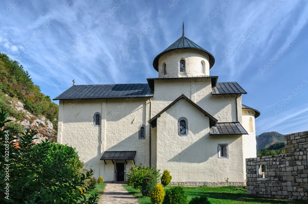 Naklejka premium Kolasin, Montenegro - September 29, 2012: Serbian Orthodox Moraca monastery in Montenegro. Monastery was founded in 1252.