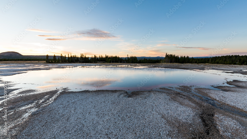 Grand Prismatic Spring at sunset in Yellowstone National Park, U