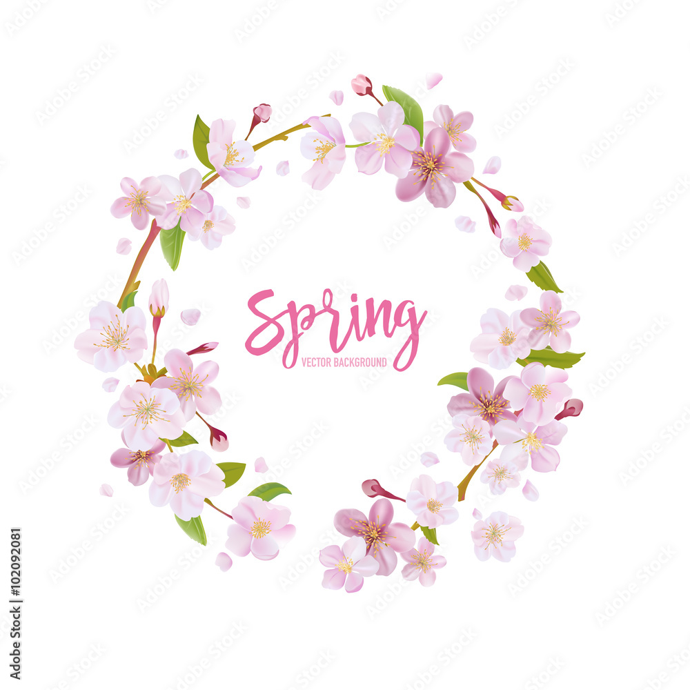 Cherry Blossom Spring Background - with Floral Wreath in vector Cherry Blossom Spring Background - with Floral Wreath in vector