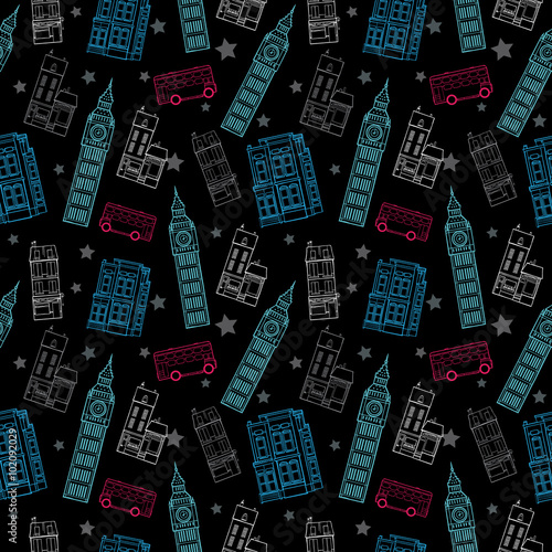 Vector London Symbols Black Seamless Pattern With Big Ben Tower, Double Decke...