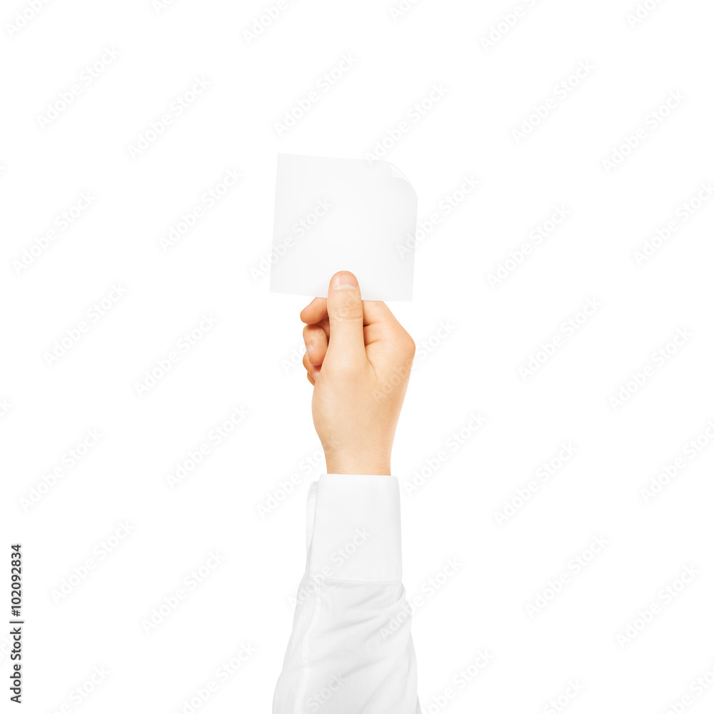 Hand holding square blank white sticker mock up isolated. Hand holding square blank white sticker mock up isolated.
