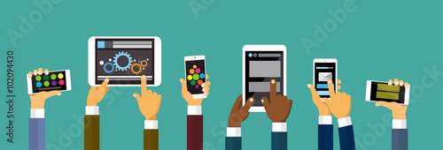 Group Hands Holding Smart Cell Phone Tablet Computer, Technology Concept Flat Vector Illustration