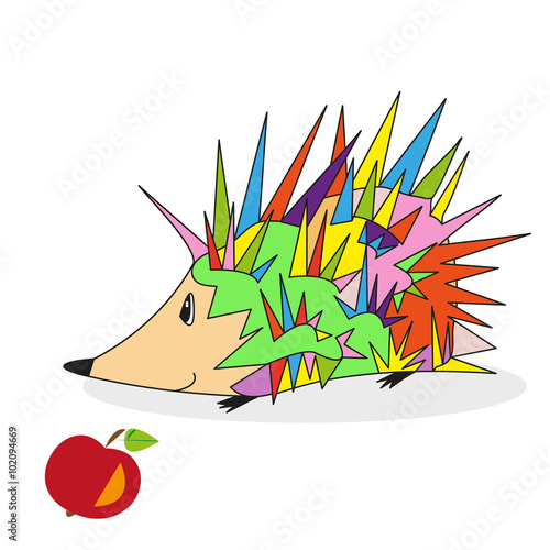Multicolored hedgehog with apple, vector illustration cartoon ch