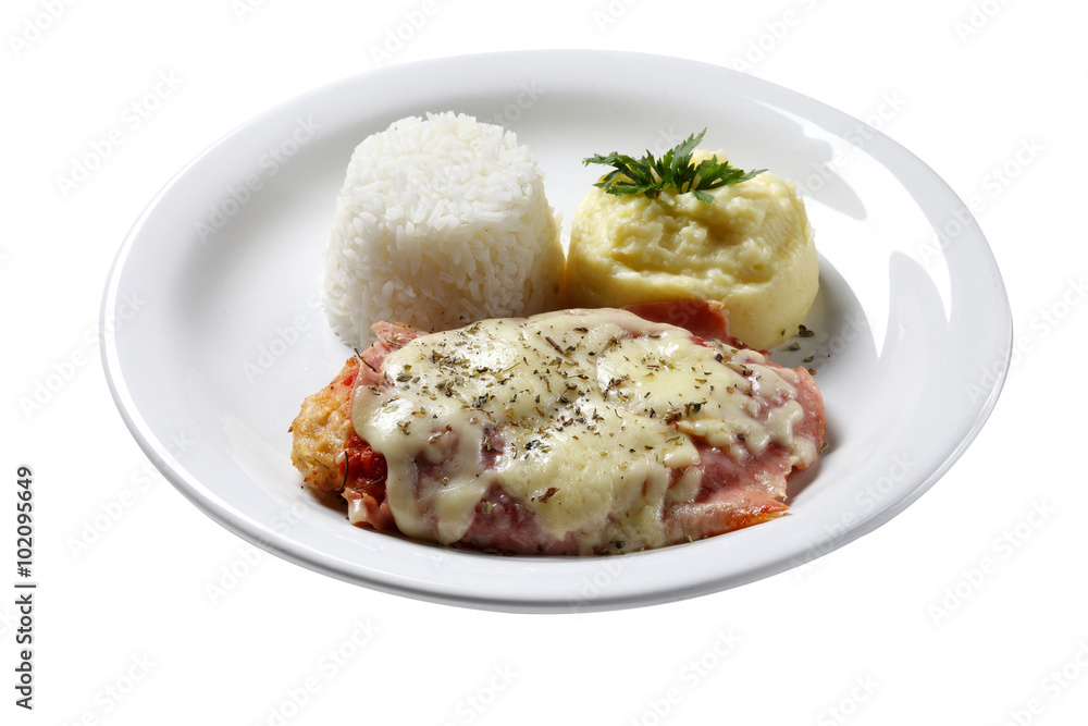 The steak parmigiana with potato and rice The steak parmigiana with potato and rice