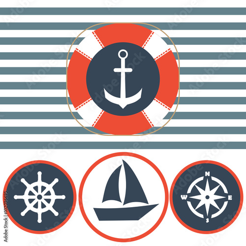 Nautical icon set. Anchor, lifebuoy, ship steering wheel