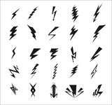 Lightning bolt icons, black thunder lightings on white background. Vector illustration