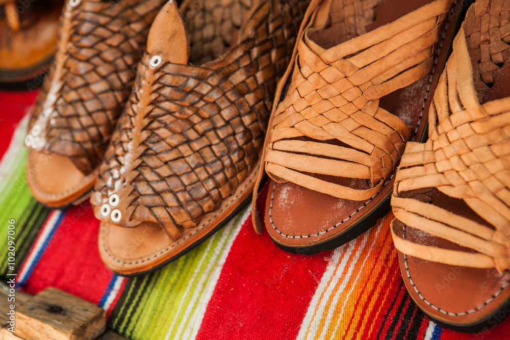Handmade shoes made of leather in Mexican market