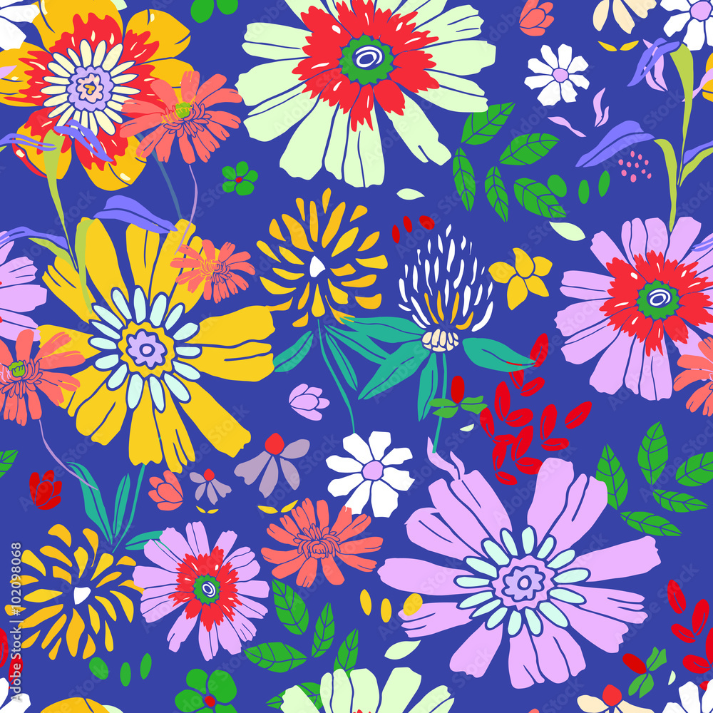 Seamless floral pattern. Isolated colorful flowers on blue background