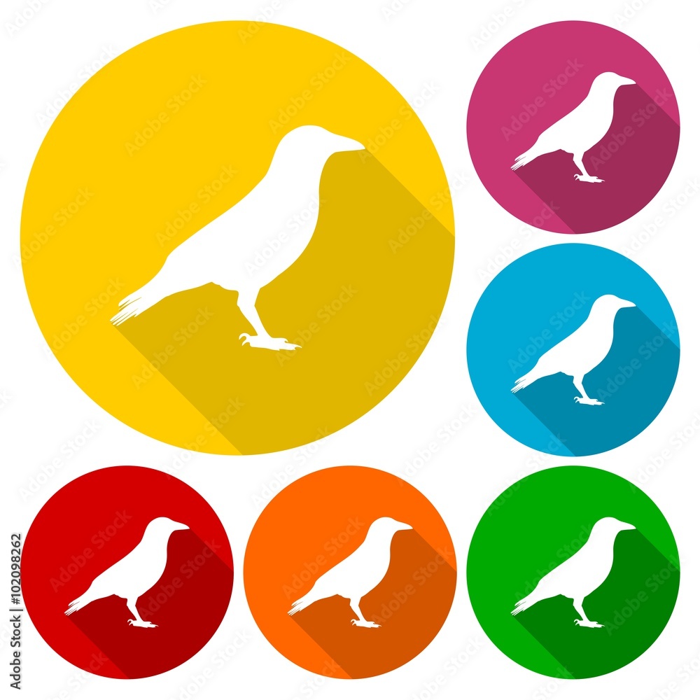 Crow (Raven) vector silhouette icons set with long shadow Crow (Raven) vector silhouette icons set with long shadow