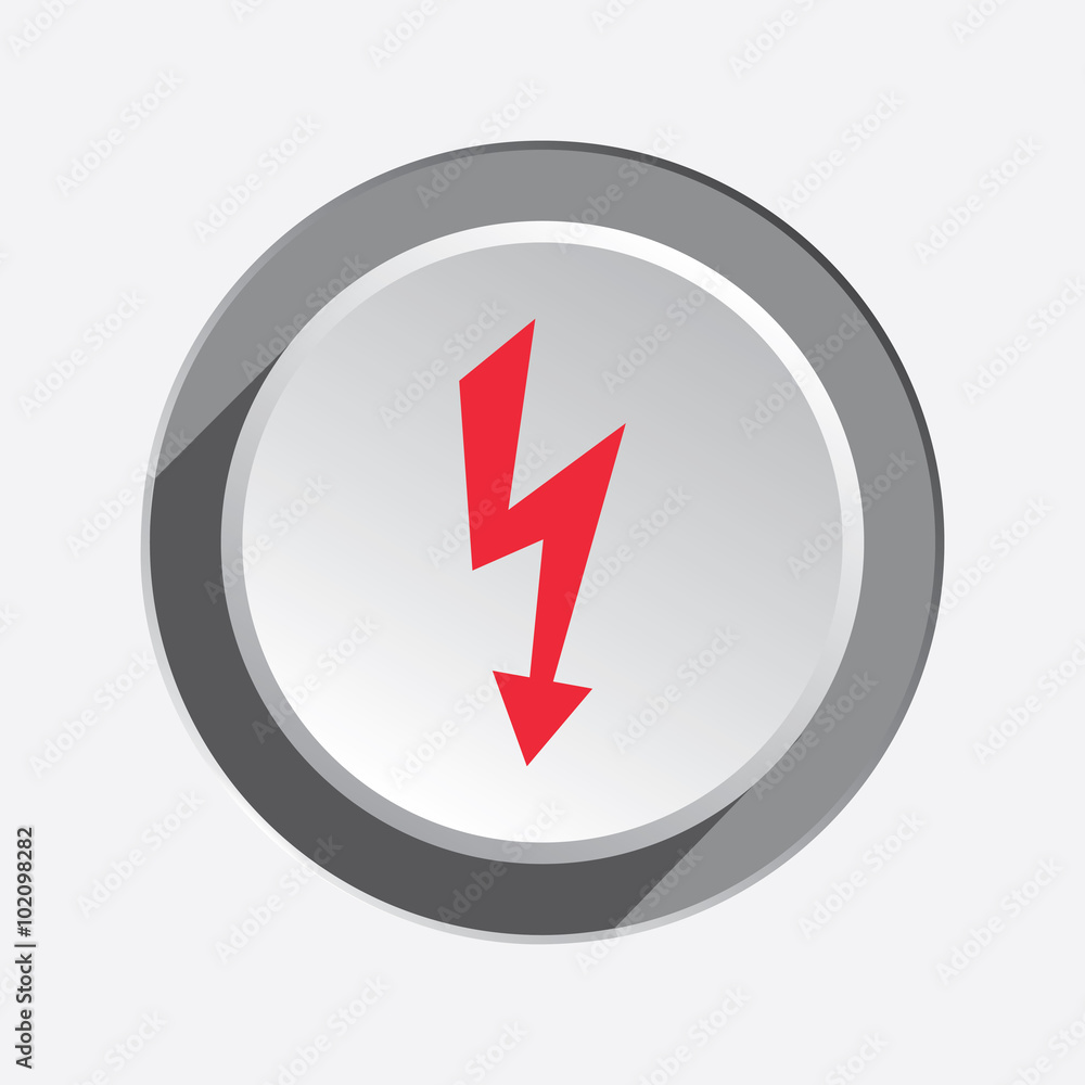 Lightning icon. Power energy symbol. Red sign on round three-dimensional white-gray button. Vector Lightning icon. Power energy symbol. Red sign on round three-dimensional white-gray button. Vector