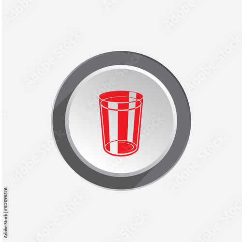 Drink glass icon. Plastic, paper cup symbol. Red sign on round three-dimensional white-gray button. Vector 