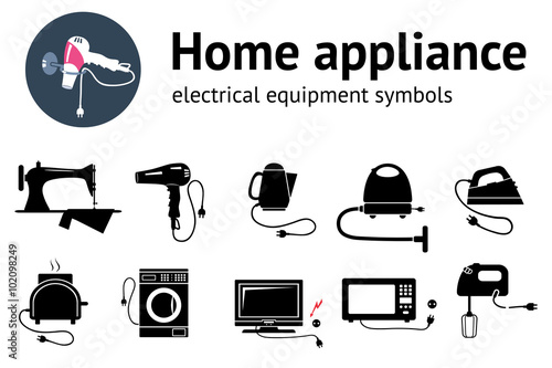 Electrical appliance with plug, equipment icon set. Hairdryer, iron, mixer, cleaner, microwave, sewing machine, toaster, computer, camera, cooler, kettle symbols. Vector
