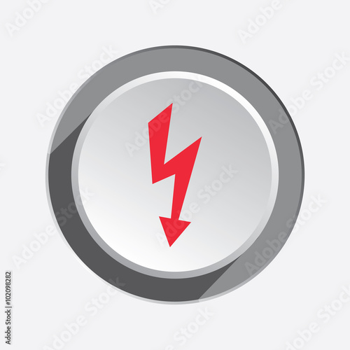 Lightning icon. Power energy symbol. Red sign on round three-dimensional white-gray button. Vector 