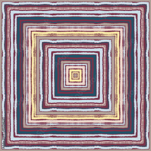 Seamless strip ethnic ornamental pattern. Rectangle, square lines with torn paper effect. Shred edge background. Pastel, calm, purple, gray, yellow, turquoise colors. Winter theme. Vector illustration