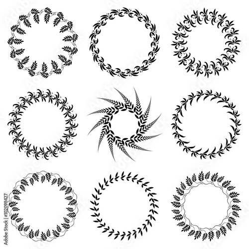 Laurel wreath 9 tattoo set. Black ornaments ten signs on white background. Victory, peace, glory symbol. Vector