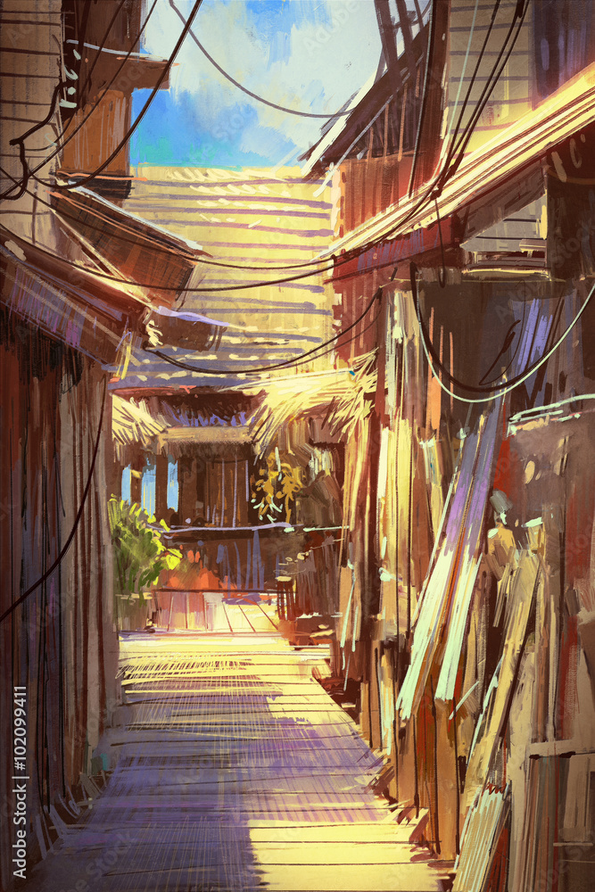 Obraz premium wooden village pathway,illustration painting