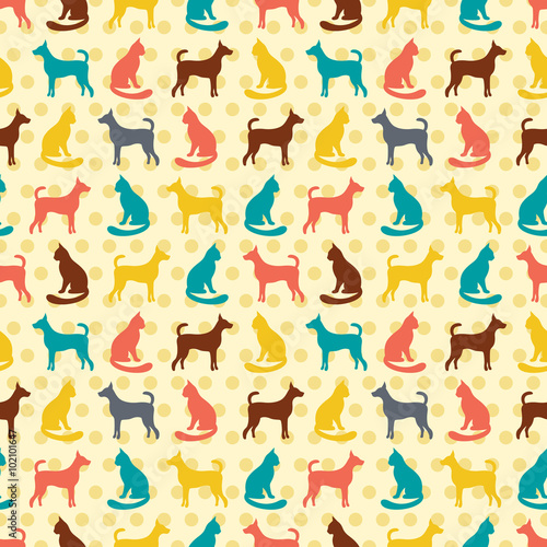 Animal seamless vector pattern of cat and dog silhouettes.