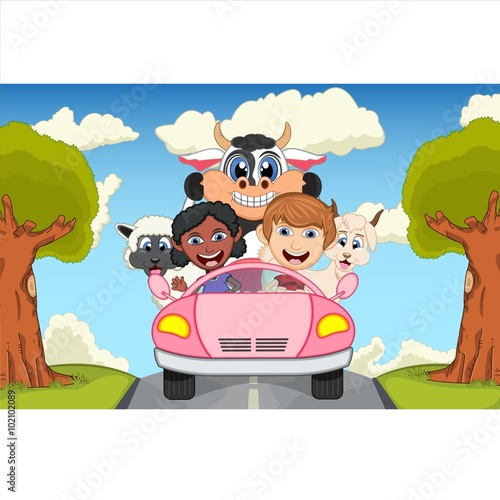 Children driving a car on the street with cow  goat  sheep and pig cartoon vector illustration