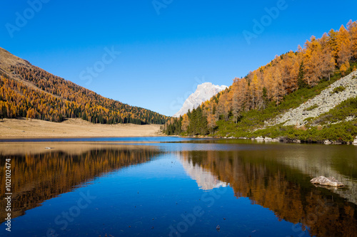 Reflections on water  autumn panorama from mountain lake