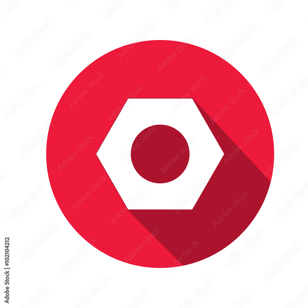 Bolt nut icon. Screw symbol. White sign on round red button with long shadow. Vector Bolt nut icon. Screw symbol. White sign on round red button with long shadow. Vector