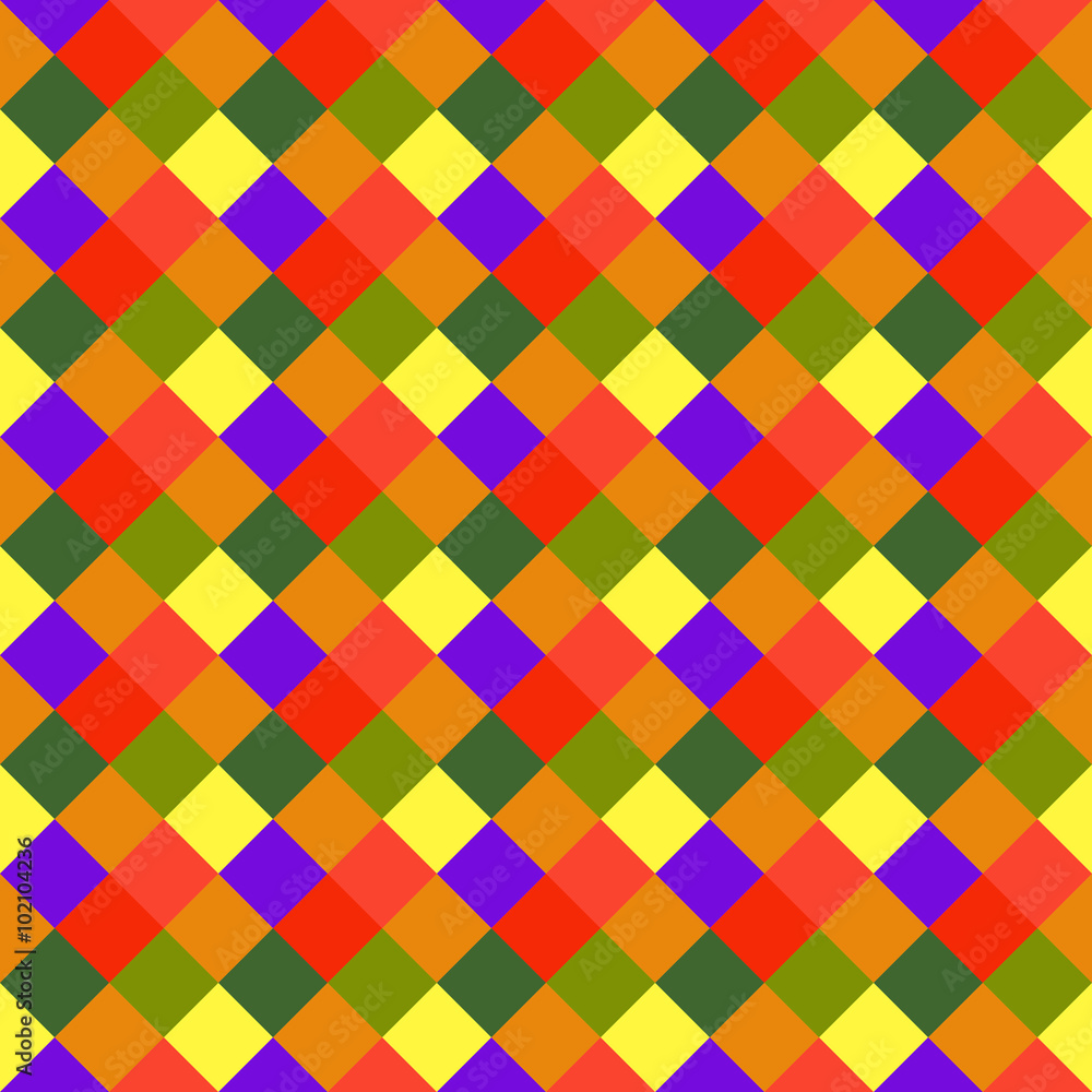 Seamless geometric pattern. Diagonal square, braiding, woven line background. Motley warm, brigth, variegated, baby, festival, clown, kitsch, holiday colored. Rhomb figure texture. Vector