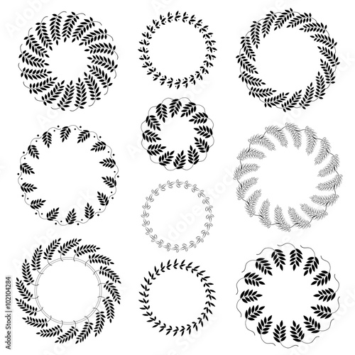 Laurel wreath tattoo set. Black ornaments ten signs on white background. Victory, peace, glory symbol. Vector
