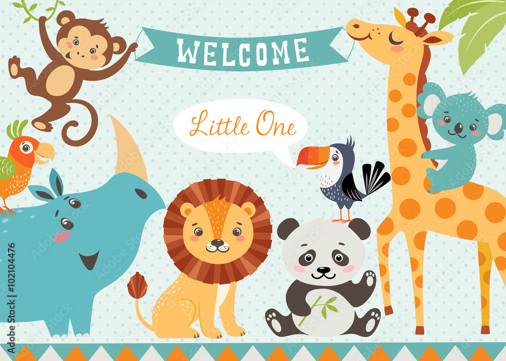 Naklejka Projekt baby shower z cute zwierząt dżungli. Wektor jest przycięty za pomocą maski przycinającej.