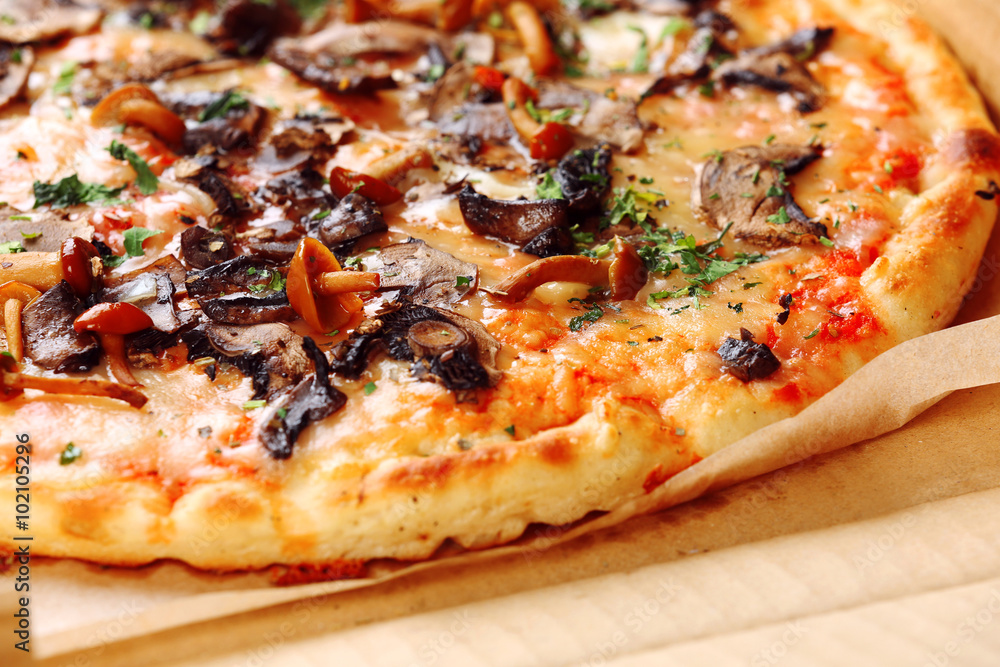 Tasty fresh pizza in carton box, close up Tasty fresh pizza in carton box, close up