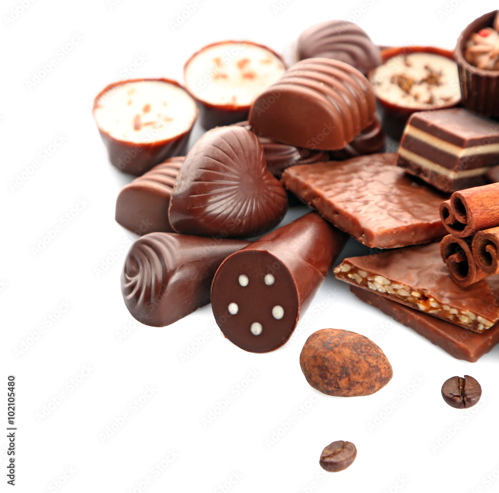 Assorted chocolate candies, isolated on white Assorted chocolate candies, isolated on white