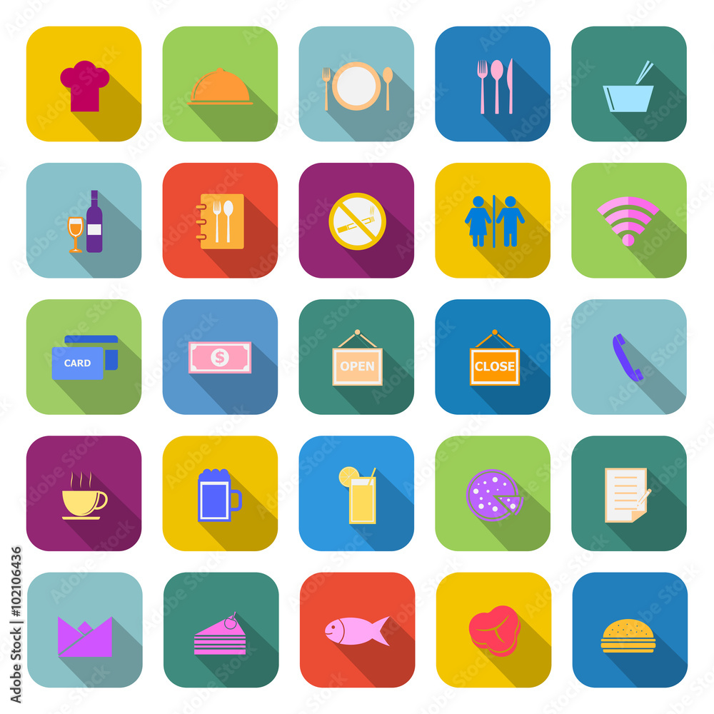 Restaurant color icons with long shadow Restaurant color icons with long shadow