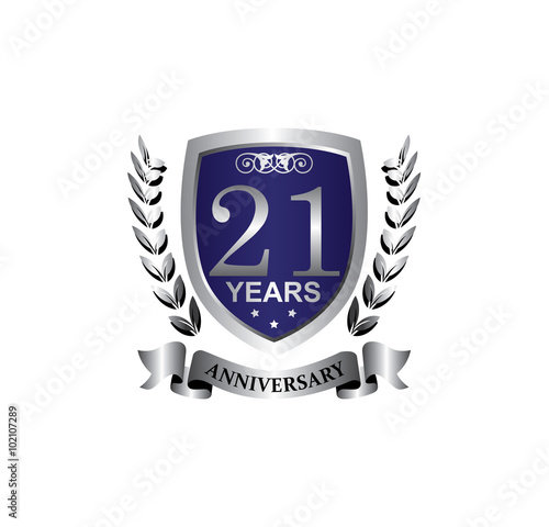 21 anniversary with blue silver shield star wreath and ribbon