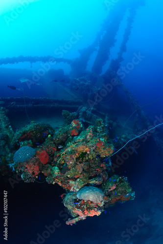 100 feet underwater. Actual underwater photo of wreck ship Nippo Maru in Micronesia. Depth 30 meters.This ship become a home for many fishes and corals since 1942.