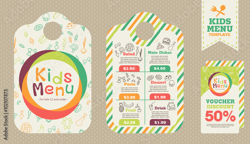 Cute colorful kids meal menu vector template