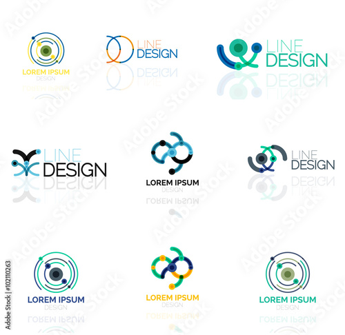 Linear vector abstract logo set, circles loops and swirls. Logotype brand templates