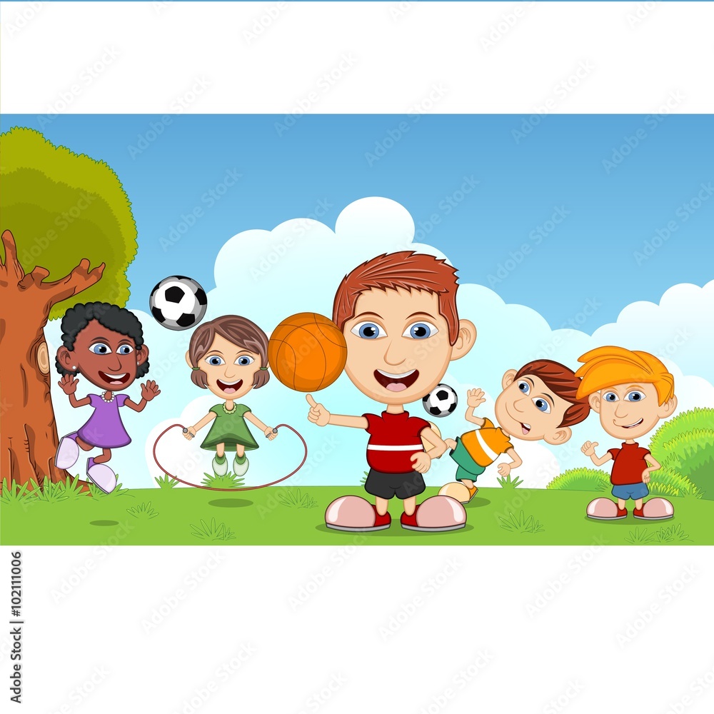 Children playing basketball, jumping rope, soccer in the park cartoon vector illustration