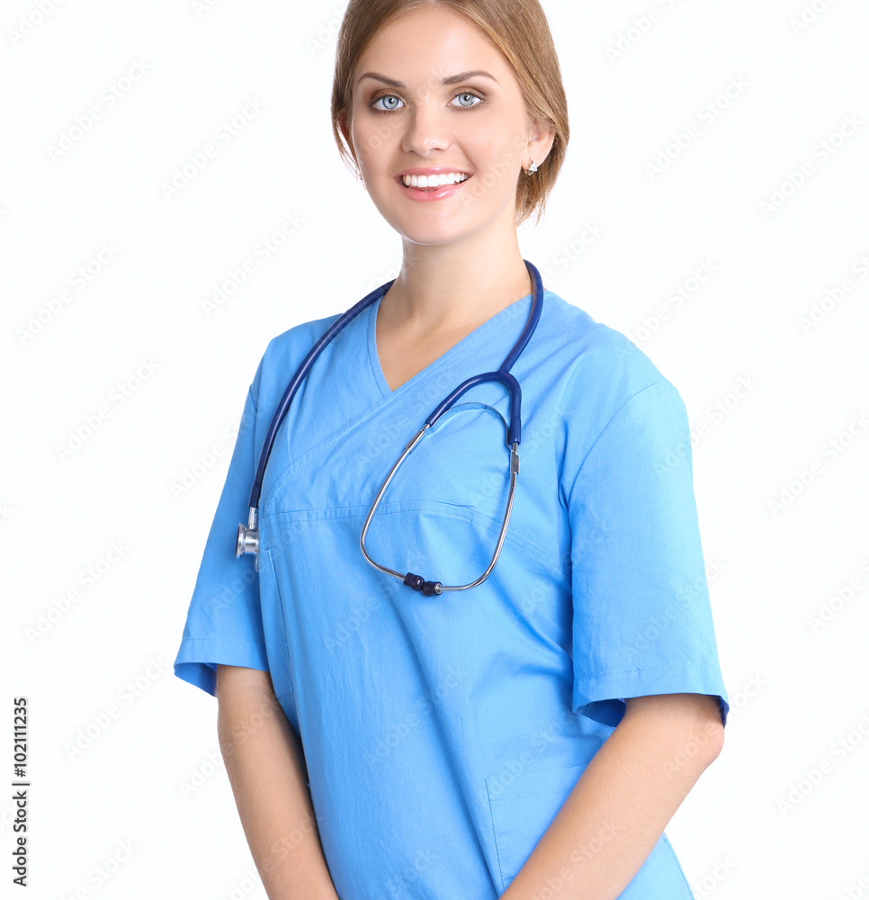 Portrait of young woman doctor with blue coat standing in hospital Portrait of young woman doctor with blue coat standing in hospital