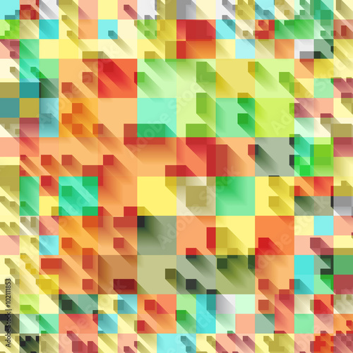 Pixel pattern with colorful 3d square blocks creating a vibrant geometric mosaic grid with long drop shadows for modern digital backgrounds, web banners, and graphic design templates