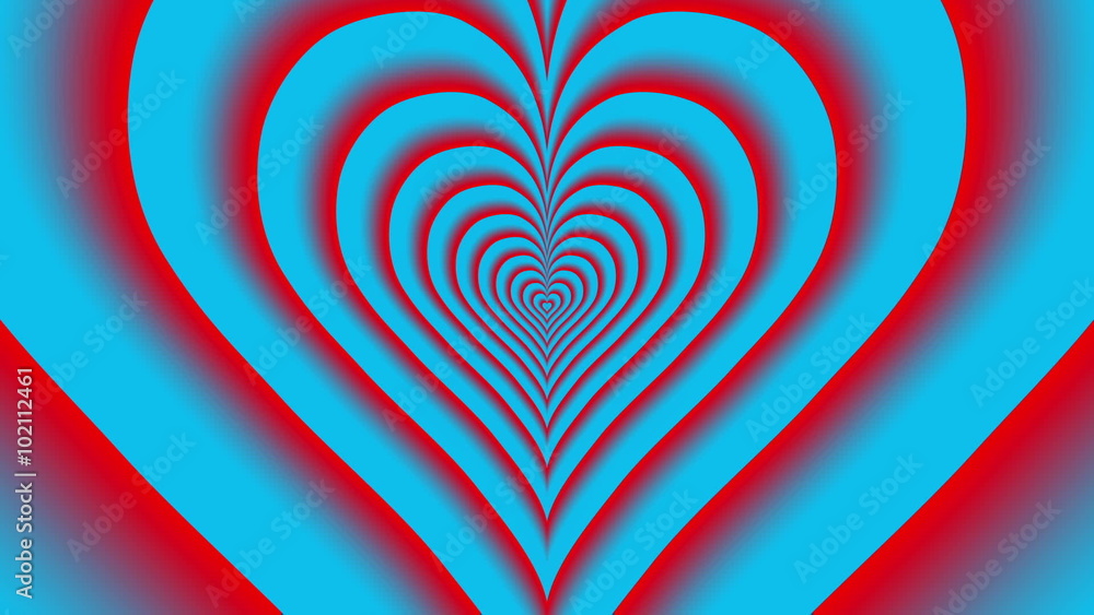 Oncoming concentric nested red partly blurred hearts on a blue background. Oncoming concentric nested red partly blurred hearts on a blue background.