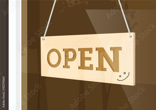 Open hanging sign with smiley facer
