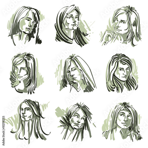 Set of monochrome vector portraits of beautiful women 