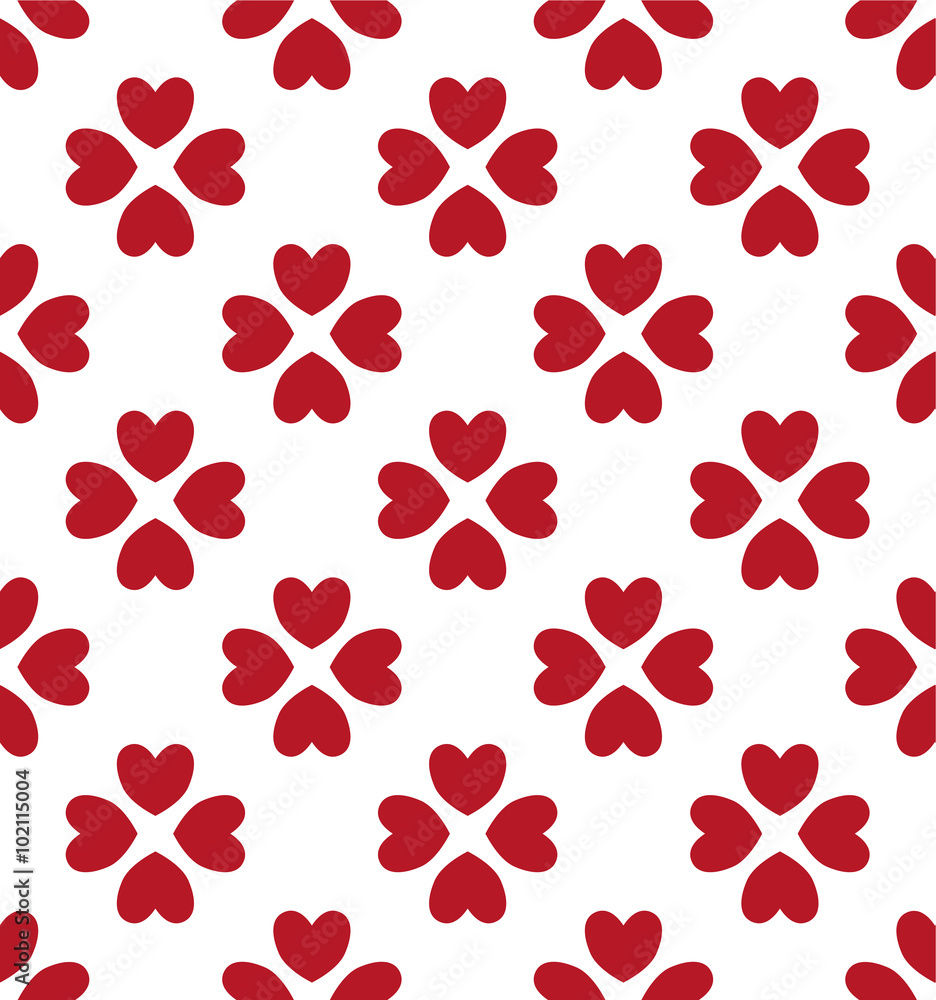 Fototapeta premium Seamless hearts pattern in red over white . Valentine's day tile background. Romantic vector pattern.