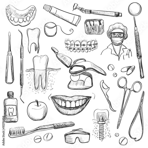 Set of Dentist with different dental equipment
