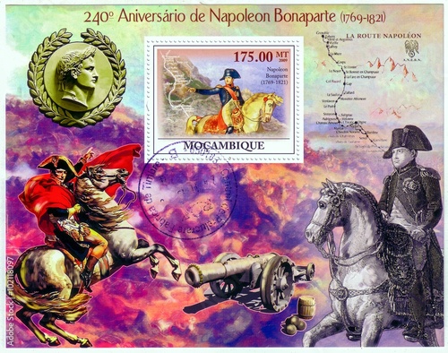 MOZAMBIQUE - CIRCA 2009: A stamp printed in Mozambique showing Battle of Waterloo, 240th Anniversary of Napoleon Bonaparte (1769-1821), circa 2009