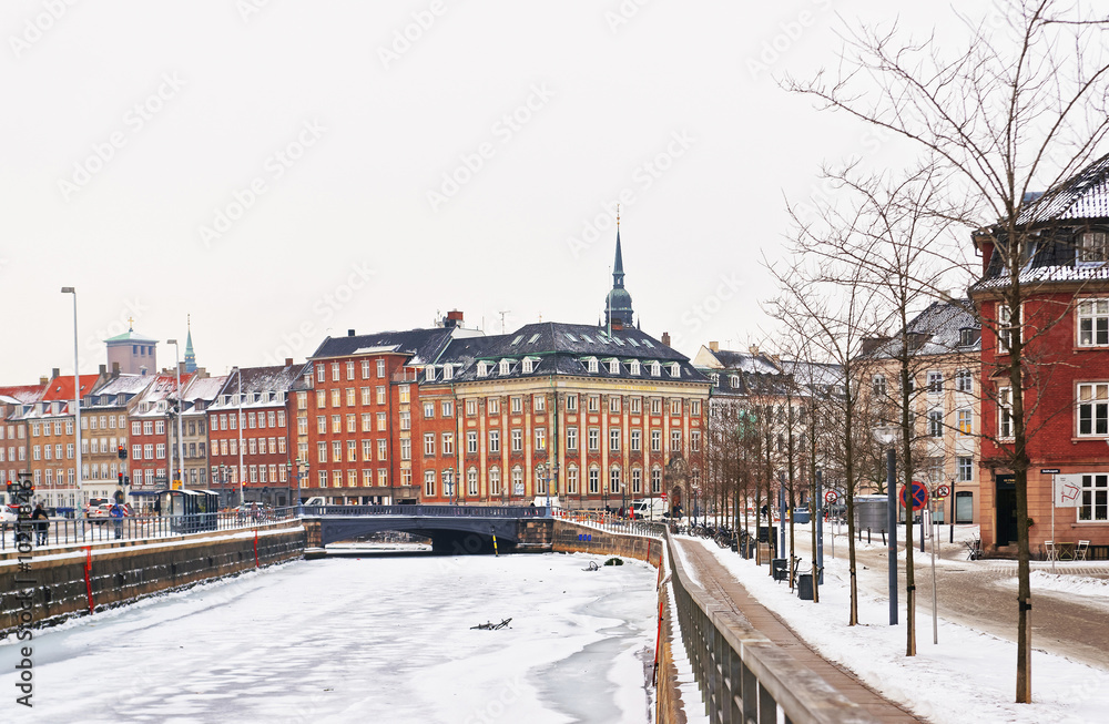 Street View on Hojbro Plads Buildings in winter Copenhagen