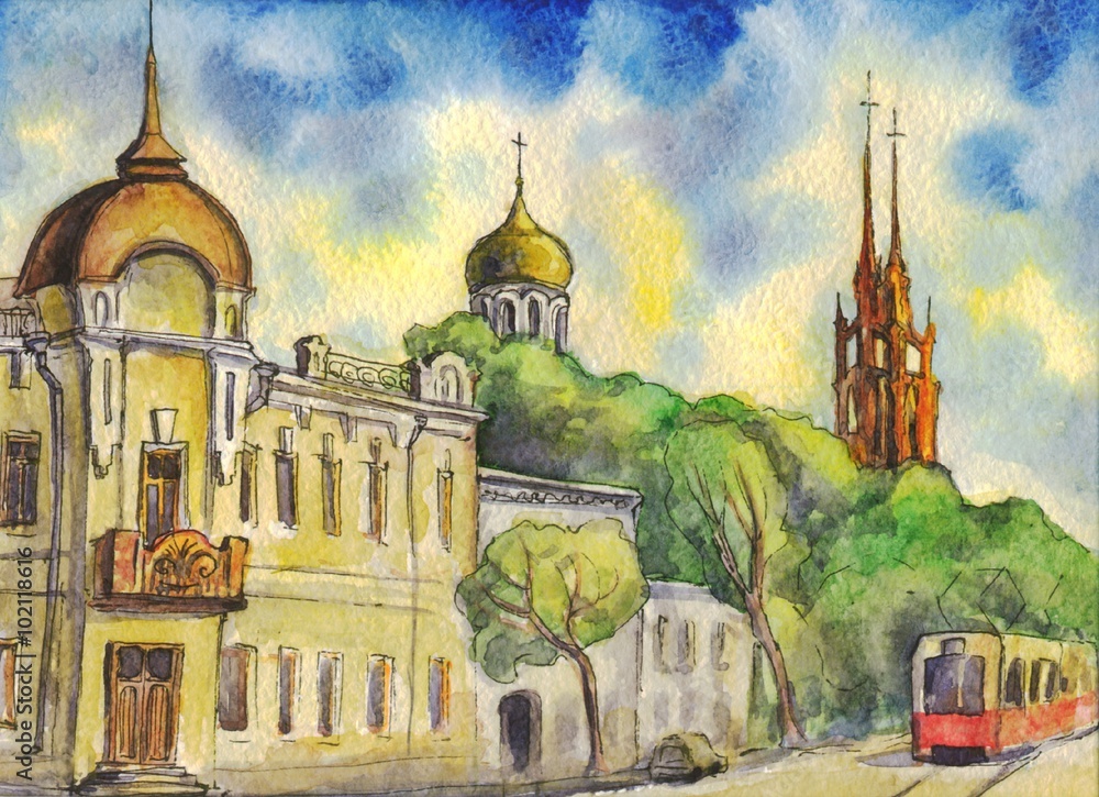 Fototapeta premium tram on the street of the old town. Building, architecture, Cathedral in the Gothic style, the Church. Watercolor painting